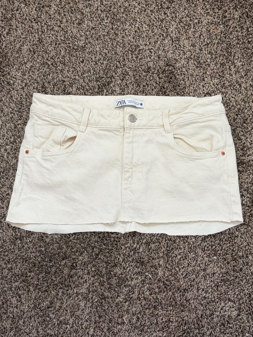 Zara Cream Denim raw hem up cycled low rise Mini Skirt